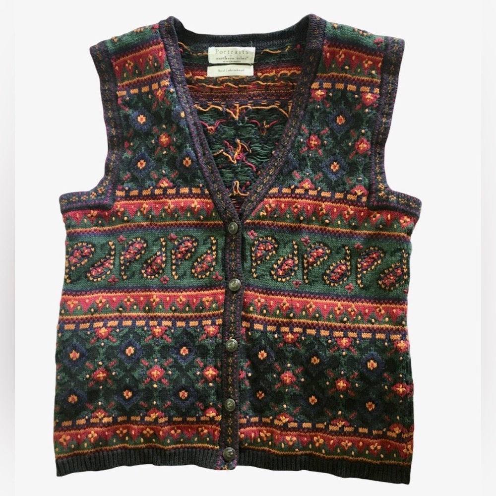 Vintage Sweater Vest Knit Button Up Hand Embroidered Northern Isles Paisley M